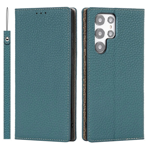 Full Protection Litchi Texture Genuine Leather Cover Stand Shockproof Flip Wallet Case with Strap for Samsung Galaxy S22 Ultra 5G - Baby Blue - 1