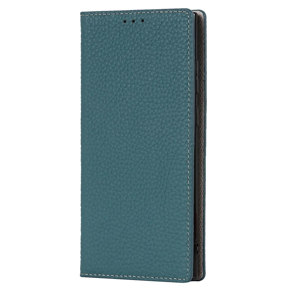 Full Protection Litchi Texture Genuine Leather Cover Stand Shockproof Flip Wallet Case with Strap for Samsung Galaxy S22 Ultra 5G - Baby Blue - 2