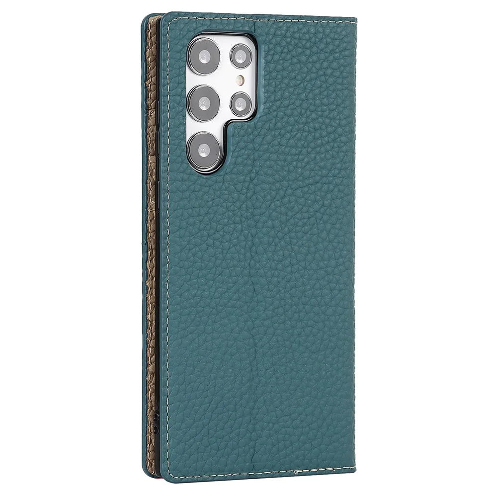 Full Protection Litchi Texture Genuine Leather Cover Stand Shockproof Flip Wallet Case with Strap for Samsung Galaxy S22 Ultra 5G - Baby Blue - 3
