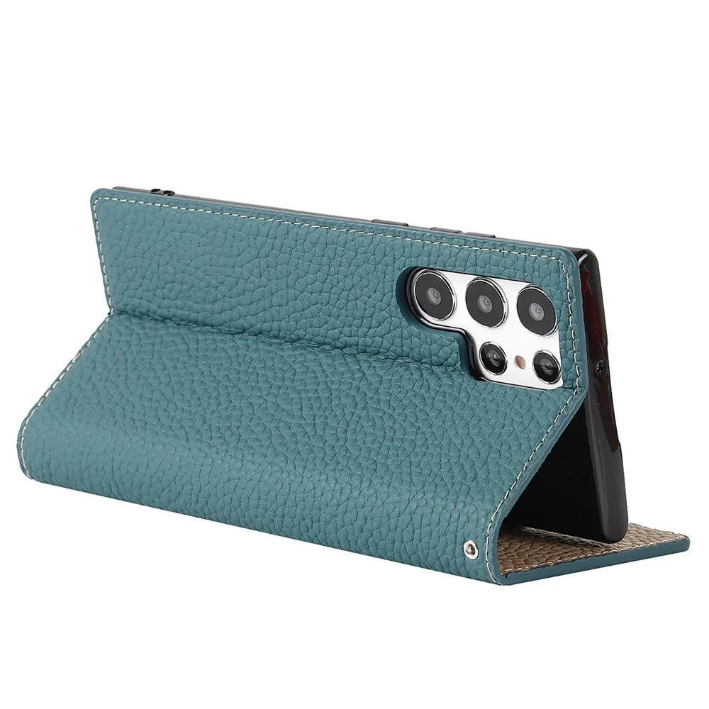 Full Protection Litchi Texture Genuine Leather Cover Stand Shockproof Flip Wallet Case with Strap for Samsung Galaxy S22 Ultra 5G - Baby Blue - 4
