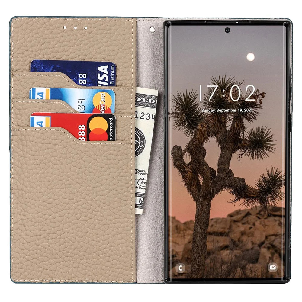 Full Protection Litchi Texture Genuine Leather Cover Stand Shockproof Flip Wallet Case with Strap for Samsung Galaxy S22 Ultra 5G - Baby Blue - 6