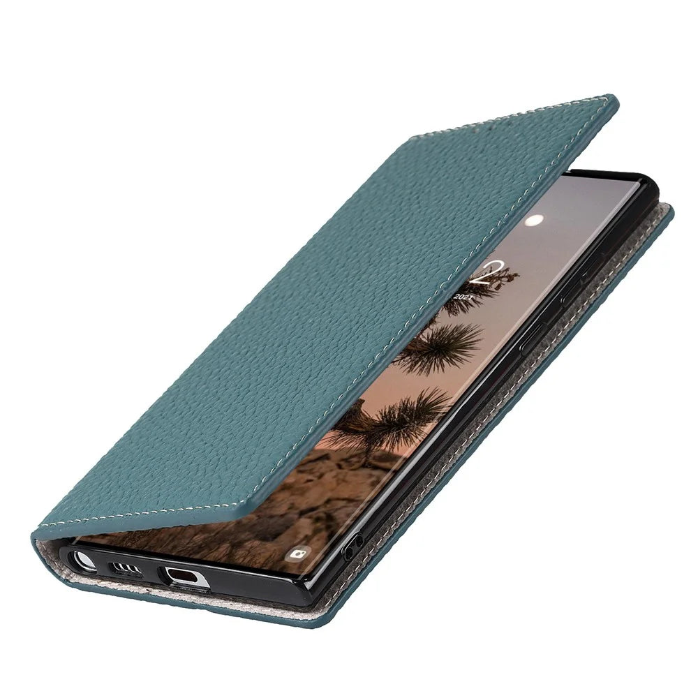 Full Protection Litchi Texture Genuine Leather Cover Stand Shockproof Flip Wallet Case with Strap for Samsung Galaxy S22 Ultra 5G - Baby Blue - 7