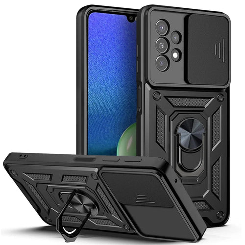 Rotating Metal Ring Kickstand Design Slide Camera Cover Anti-fingerprint PC + TPU Hybrid Phone Cover for Samsung Galaxy A13 4G - Black - 1