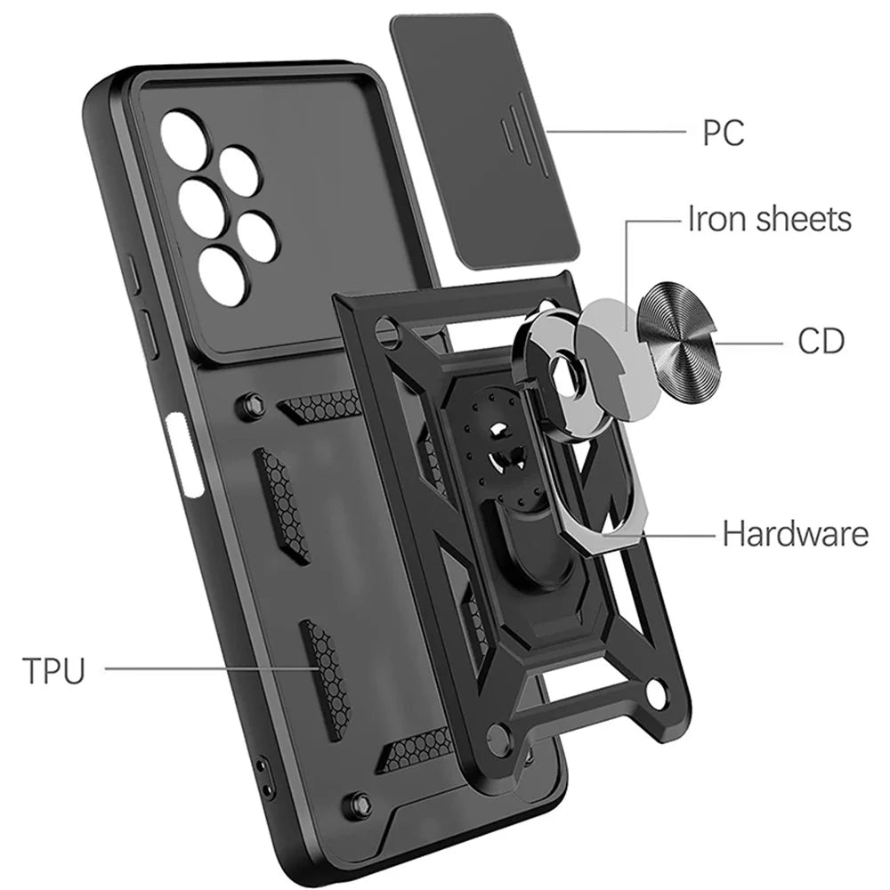 Rotating Metal Ring Kickstand Design Slide Camera Cover Anti-fingerprint PC + TPU Hybrid Phone Cover for Samsung Galaxy A13 4G - Black - 3