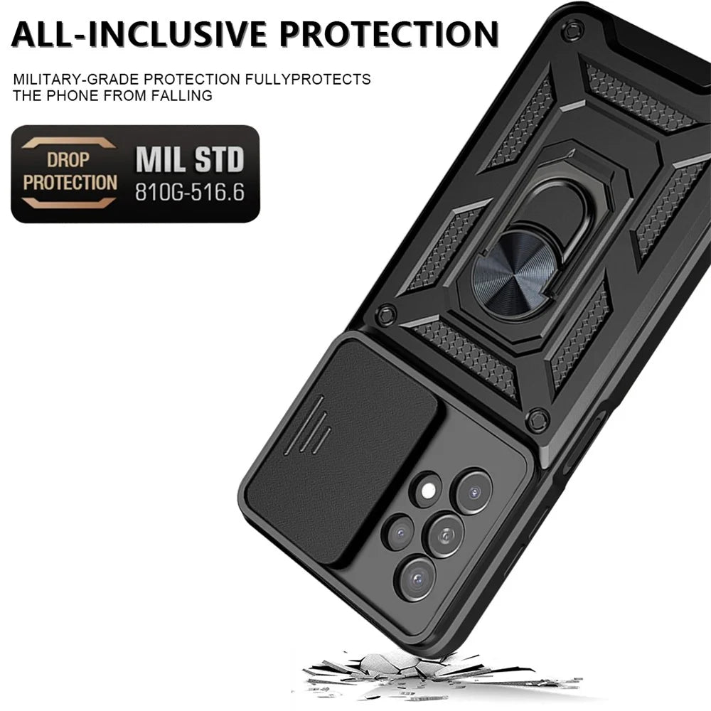 Rotating Metal Ring Kickstand Design Slide Camera Cover Anti-fingerprint PC + TPU Hybrid Phone Cover for Samsung Galaxy A13 4G - Black - 4