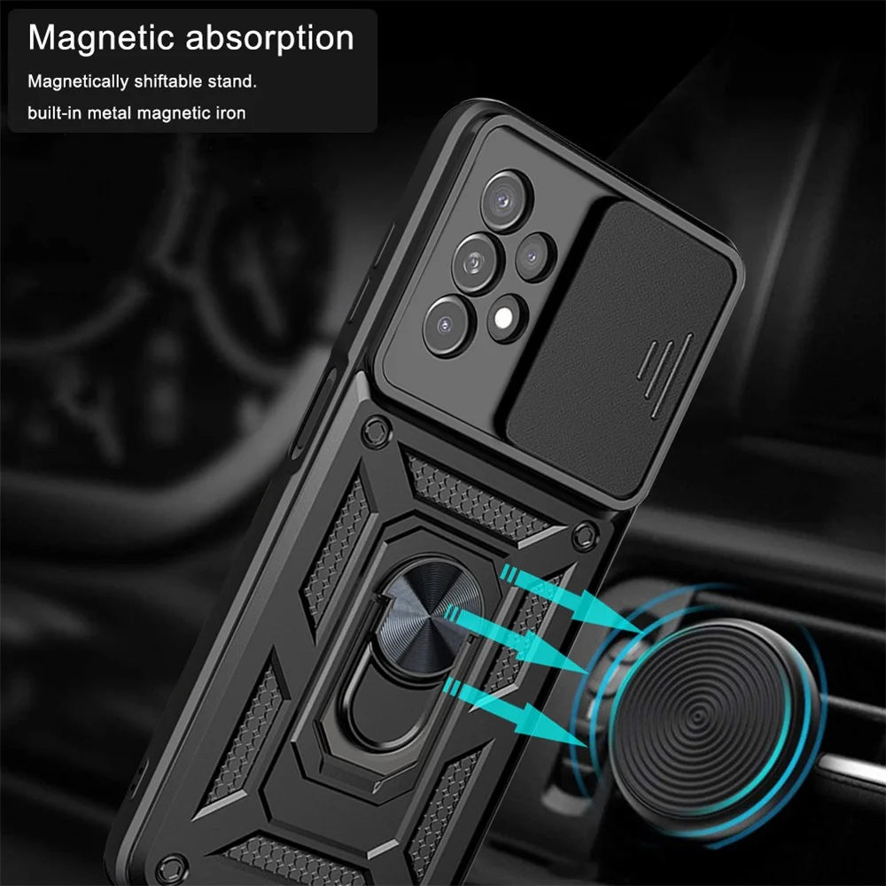 Rotating Metal Ring Kickstand Design Slide Camera Cover Anti-fingerprint PC + TPU Hybrid Phone Cover for Samsung Galaxy A13 4G - Black - 5