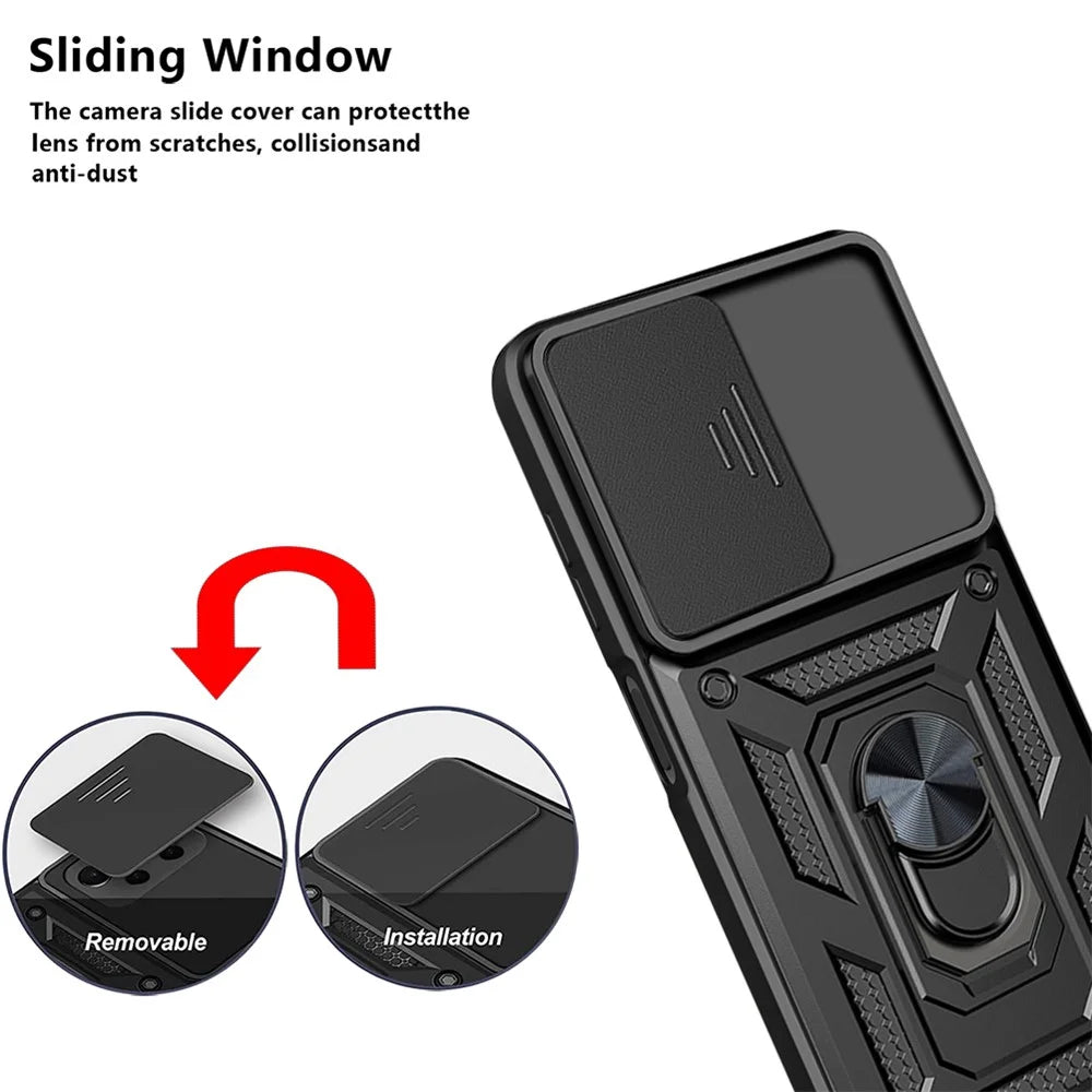 Rotating Metal Ring Kickstand Design Slide Camera Cover Anti-fingerprint PC + TPU Hybrid Phone Cover for Samsung Galaxy A13 4G - Black - 6
