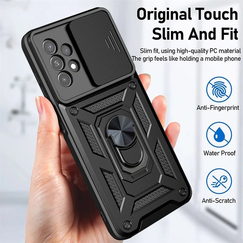 Rotating Metal Ring Kickstand Design Slide Camera Cover Anti-fingerprint PC + TPU Hybrid Phone Cover for Samsung Galaxy A13 4G - Black - 7