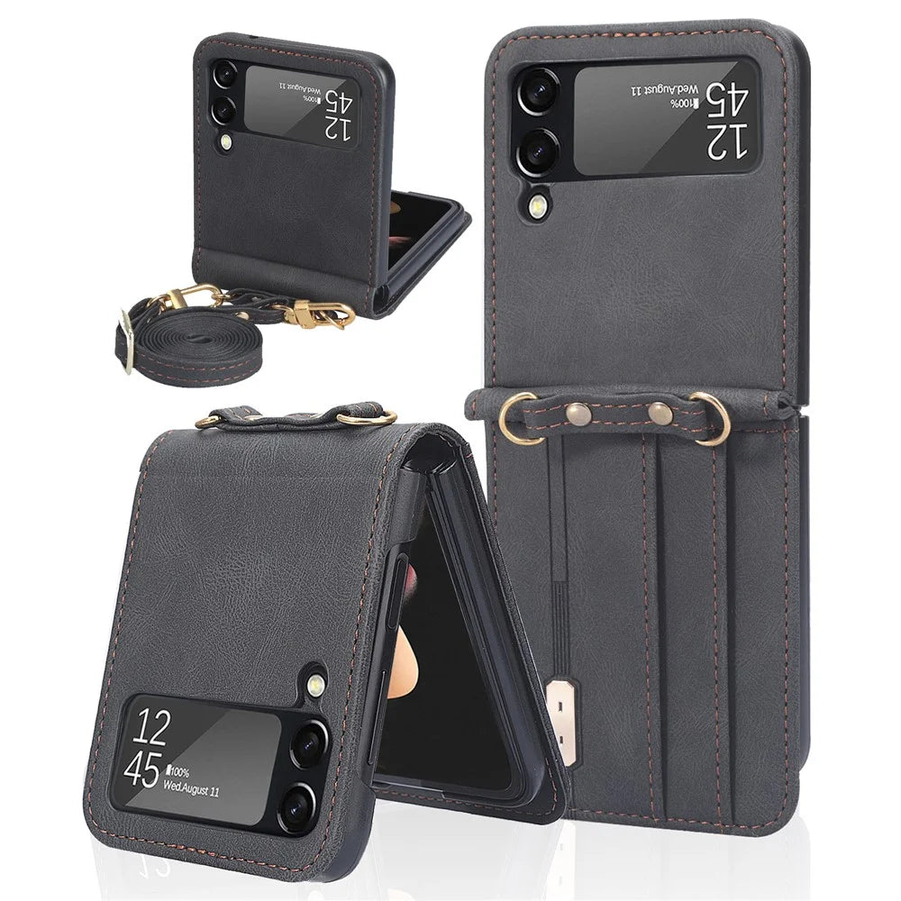 One-piece Design Card Slots PU Leather Coated PC Phone Case Crossbody Protective Cover with Long Lanyard for Samsung Galaxy Z Flip3 5G - Black - 1