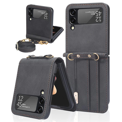 One-piece Design Card Slots PU Leather Coated PC Phone Case Crossbody Protective Cover with Long Lanyard for Samsung Galaxy Z Flip3 5G - Black - 1