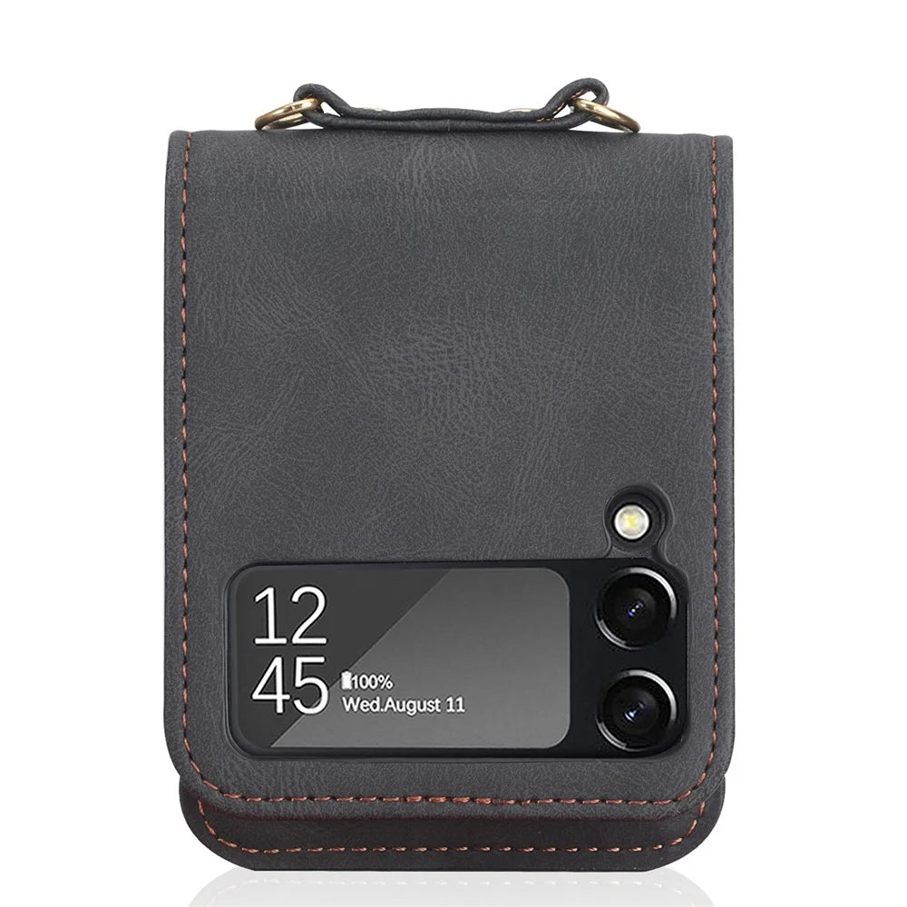 One-piece Design Card Slots PU Leather Coated PC Phone Case Crossbody Protective Cover with Long Lanyard for Samsung Galaxy Z Flip3 5G - Black - 3