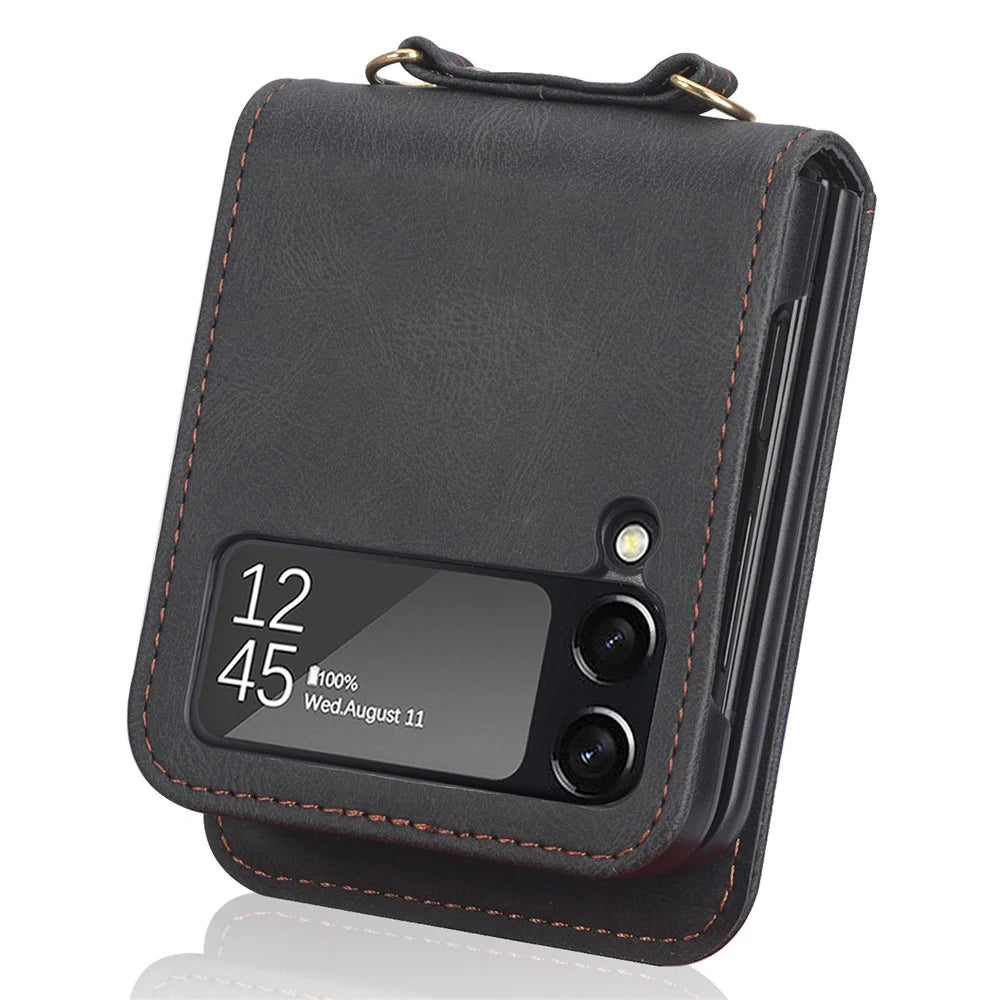 One-piece Design Card Slots PU Leather Coated PC Phone Case Crossbody Protective Cover with Long Lanyard for Samsung Galaxy Z Flip3 5G - Black - 5