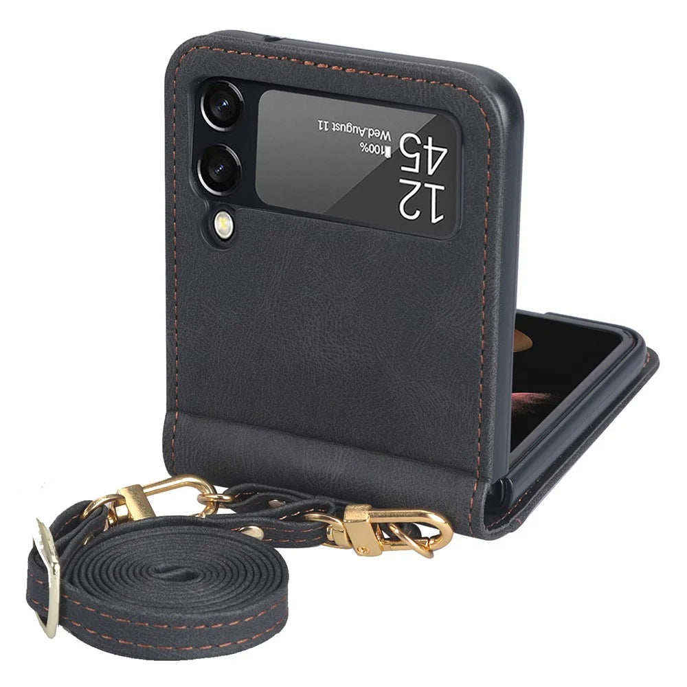 One-piece Design Card Slots PU Leather Coated PC Phone Case Crossbody Protective Cover with Long Lanyard for Samsung Galaxy Z Flip3 5G - Black - 6