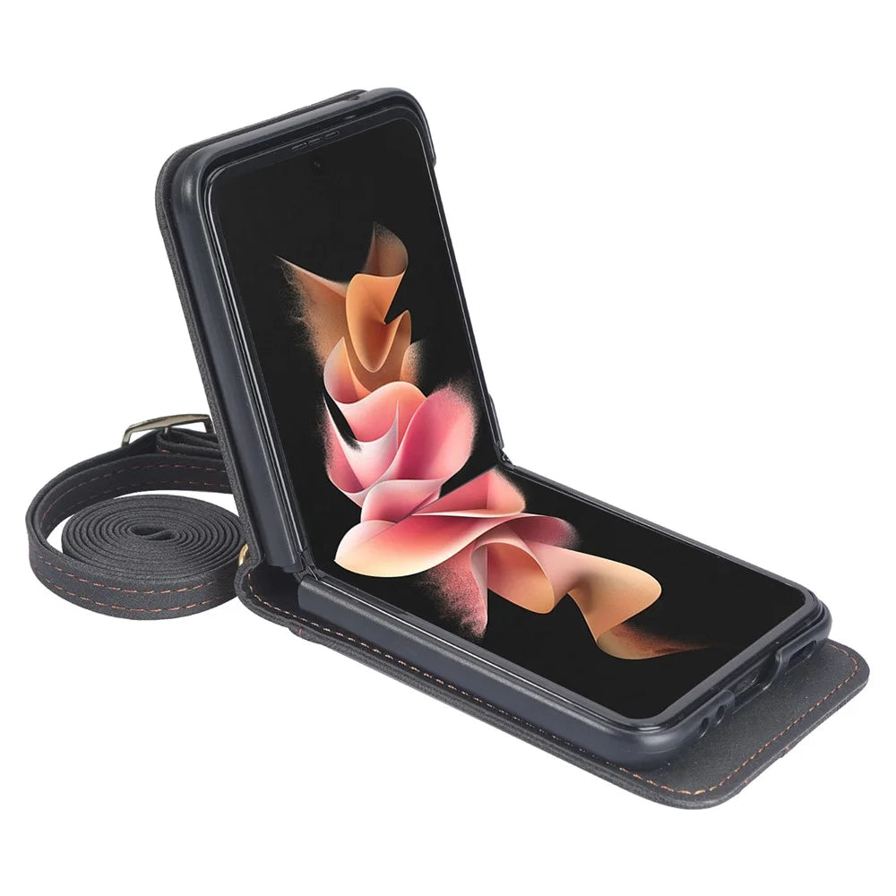 One-piece Design Card Slots PU Leather Coated PC Phone Case Crossbody Protective Cover with Long Lanyard for Samsung Galaxy Z Flip3 5G - Black - 7