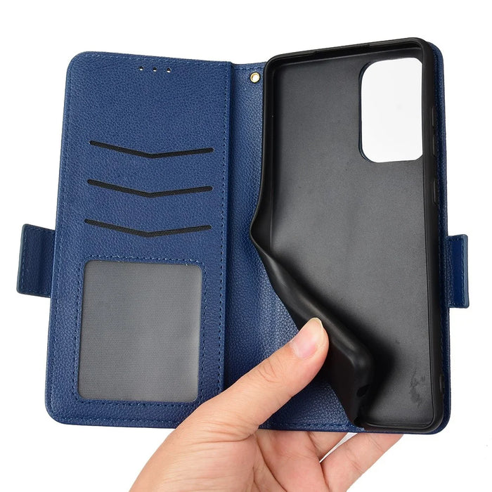 Litchi Texture Scratch Resistant Phone Case PU Leather Folio Flip Wallet Cover with Stand for Samsung Galaxy A53 5G - Dark Blue - 6