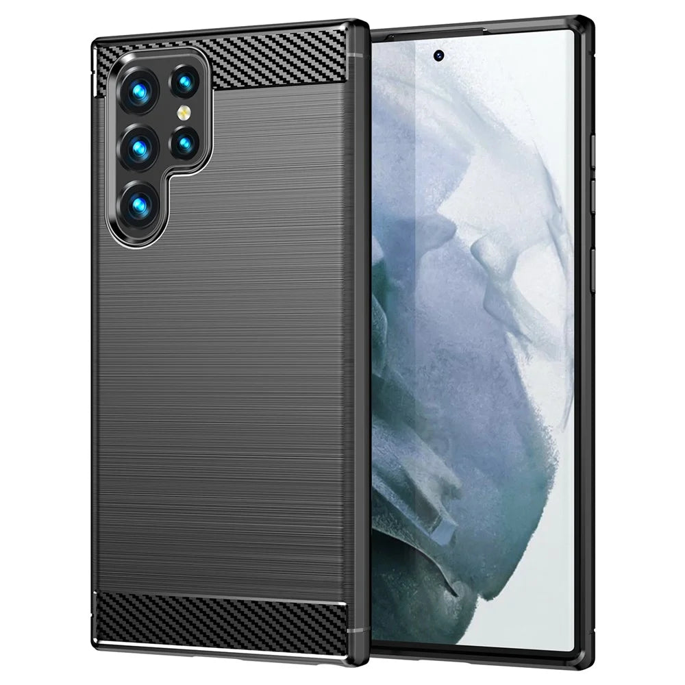 Brushed Surface TPU Case 1.8mm Ultra Thin Heat-Dissipated Carbon Fiber Texture Phone Protective Cover for Samsung Galaxy S22 Ultra 5G - Black - 1