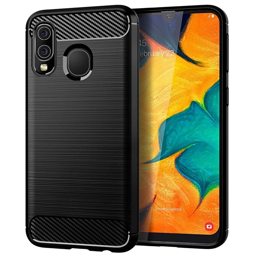 1.8mm Heat Dissipation TPU Case Ultra Thin Scratch-Resistant Carbon Fiber Texture Brushed Surface Phone Cover for Samsung Galaxy A40 - Black - 1