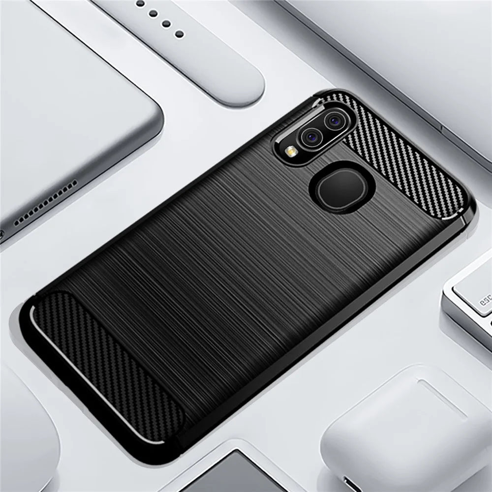 1.8mm Heat Dissipation TPU Case Ultra Thin Scratch-Resistant Carbon Fiber Texture Brushed Surface Phone Cover for Samsung Galaxy A40 - Black - 6