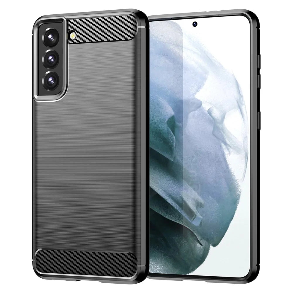 1.8mm Heat Dissipation TPU Case Anti-Scratch Anti-Fall Carbon Fiber Texture Phone Cover with Brushed Surface for Samsung Galaxy S21 4G/5G - Black - 1