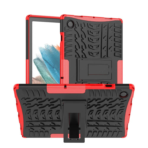 For Samsung Galaxy Tab A8 10.5 (2021) / A8 10.5 (2022) Tire Texture Heavy Duty Hybrid Hard PC Soft TPU Impact Resistant Cover with Folding Kickstand - Red - 1
