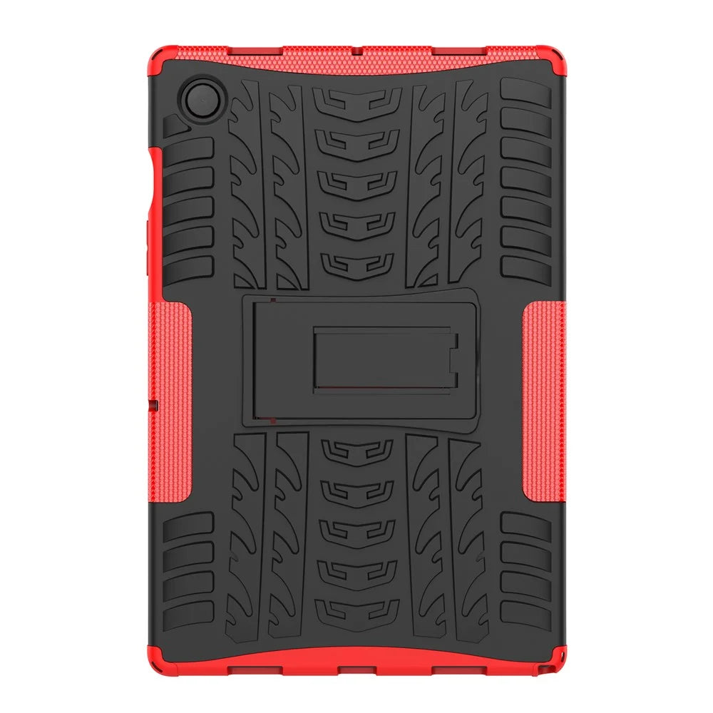 For Samsung Galaxy Tab A8 10.5 (2021) / A8 10.5 (2022) Tire Texture Heavy Duty Hybrid Hard PC Soft TPU Impact Resistant Cover with Folding Kickstand - Red - 2