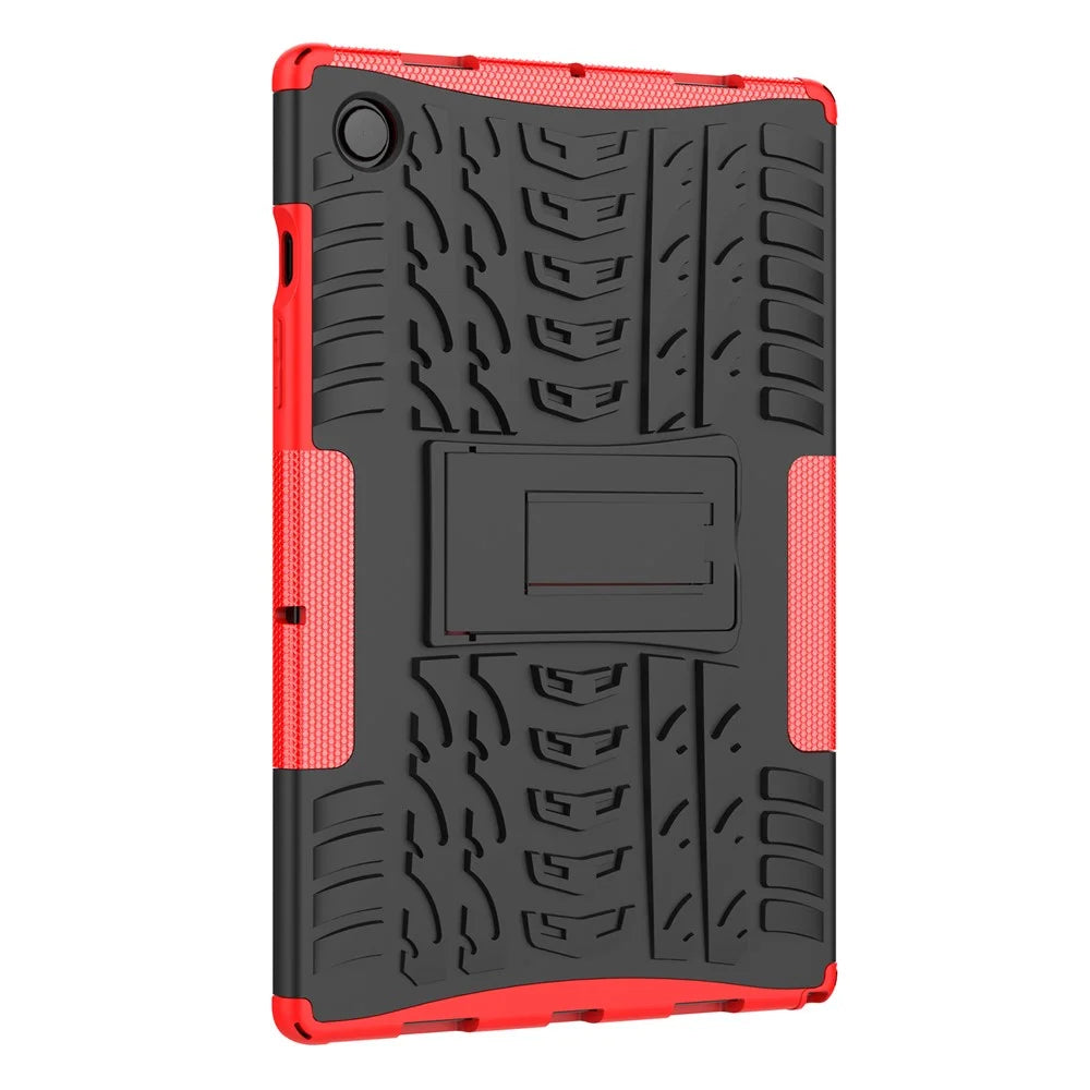 For Samsung Galaxy Tab A8 10.5 (2021) / A8 10.5 (2022) Tire Texture Heavy Duty Hybrid Hard PC Soft TPU Impact Resistant Cover with Folding Kickstand - Red - 3