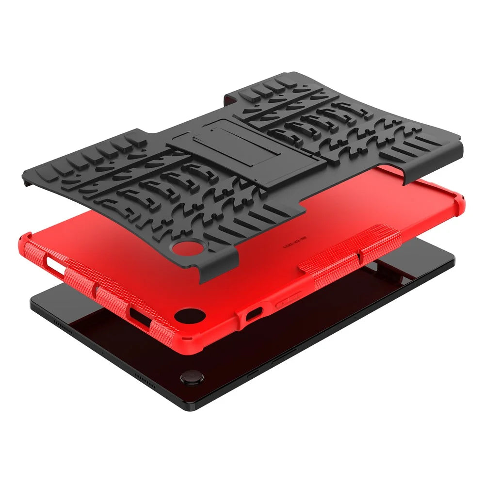 For Samsung Galaxy Tab A8 10.5 (2021) / A8 10.5 (2022) Tire Texture Heavy Duty Hybrid Hard PC Soft TPU Impact Resistant Cover with Folding Kickstand - Red - 7