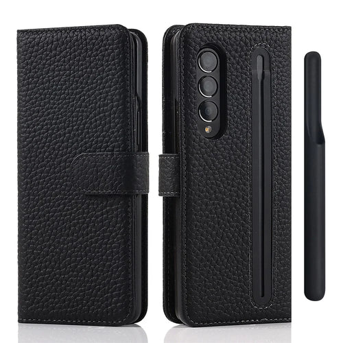 Stand Wallet Design Litchi Texture Genuine Leather + PC Phone Case Cover with Detachable Pen Slot for Samsung Galaxy Z Fold3 5G - Black - 1