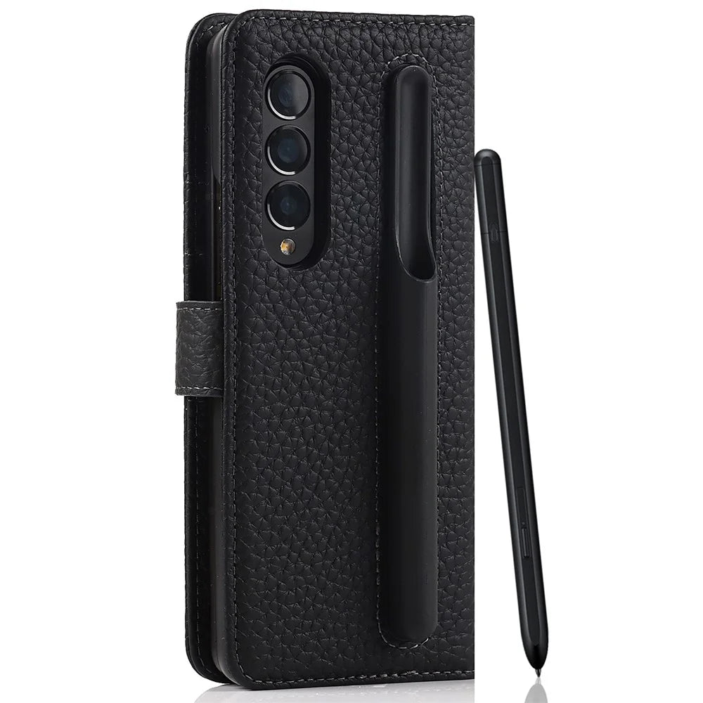 Stand Wallet Design Litchi Texture Genuine Leather + PC Phone Case Cover with Detachable Pen Slot for Samsung Galaxy Z Fold3 5G - Black - 3