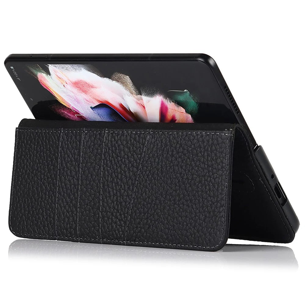 Stand Wallet Design Litchi Texture Genuine Leather + PC Phone Case Cover with Detachable Pen Slot for Samsung Galaxy Z Fold3 5G - Black - 4