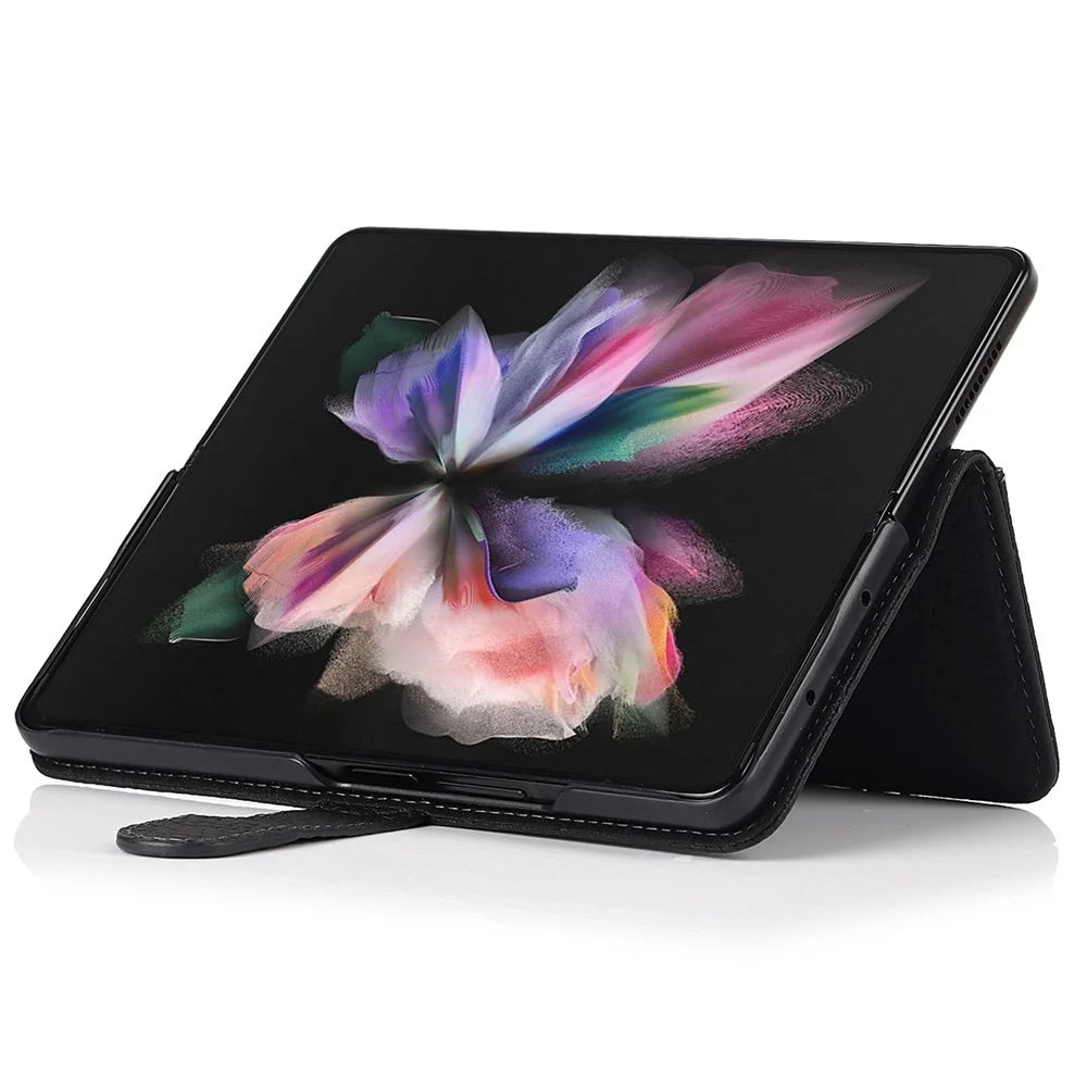 Stand Wallet Design Litchi Texture Genuine Leather + PC Phone Case Cover with Detachable Pen Slot for Samsung Galaxy Z Fold3 5G - Black - 5