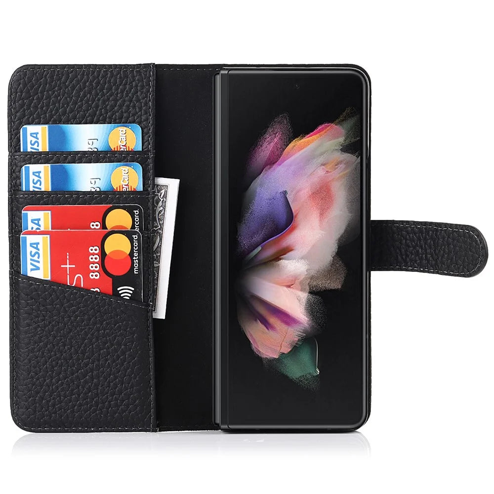 Stand Wallet Design Litchi Texture Genuine Leather + PC Phone Case Cover with Detachable Pen Slot for Samsung Galaxy Z Fold3 5G - Black - 6