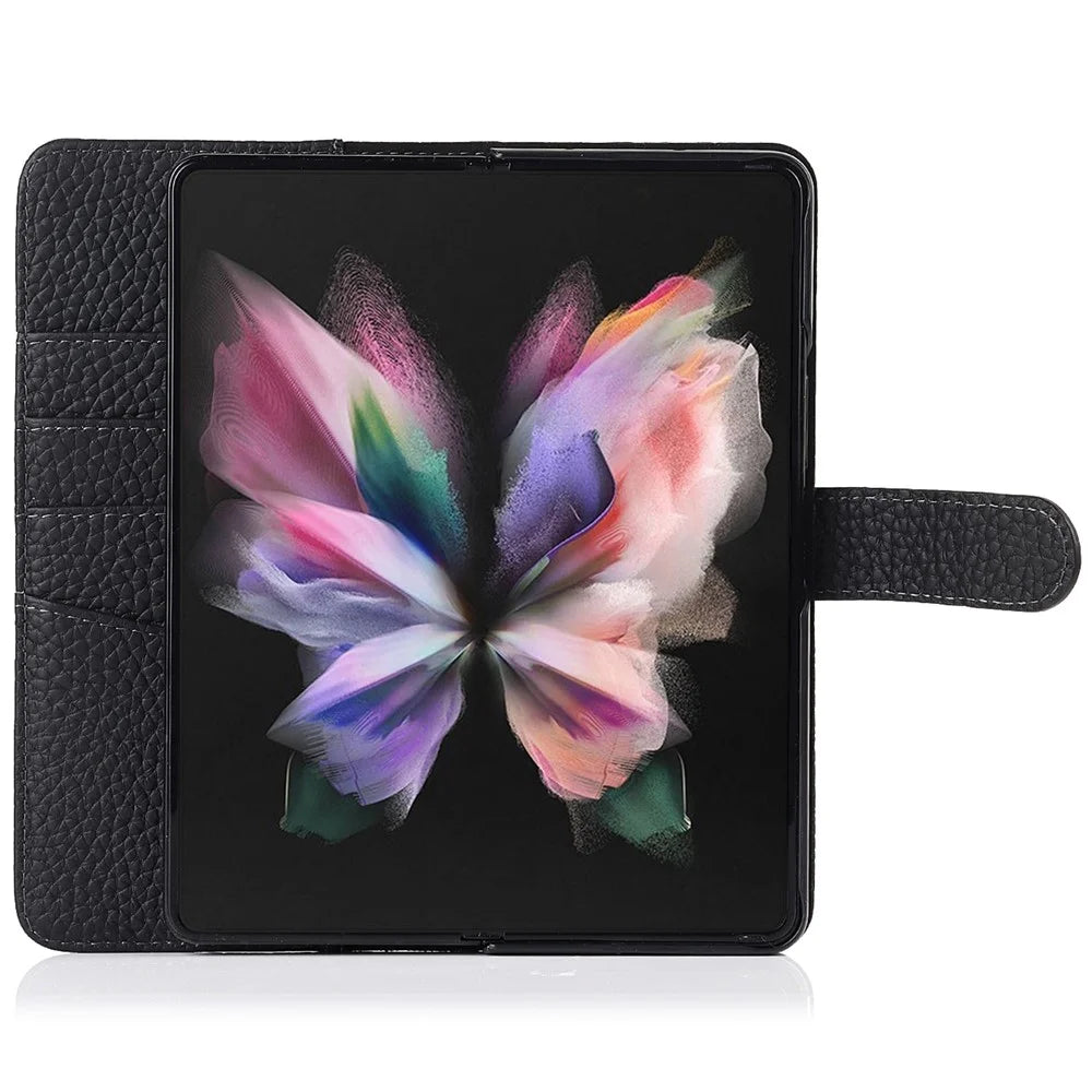 Stand Wallet Design Litchi Texture Genuine Leather + PC Phone Case Cover with Detachable Pen Slot for Samsung Galaxy Z Fold3 5G - Black - 7