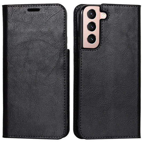 Drop Resistant Crazy Horse Texture Genuine Leather Magnetic Auto Closing Cover Stand Flip Wallet Case for Samsung Galaxy S22 5G - Black - 1