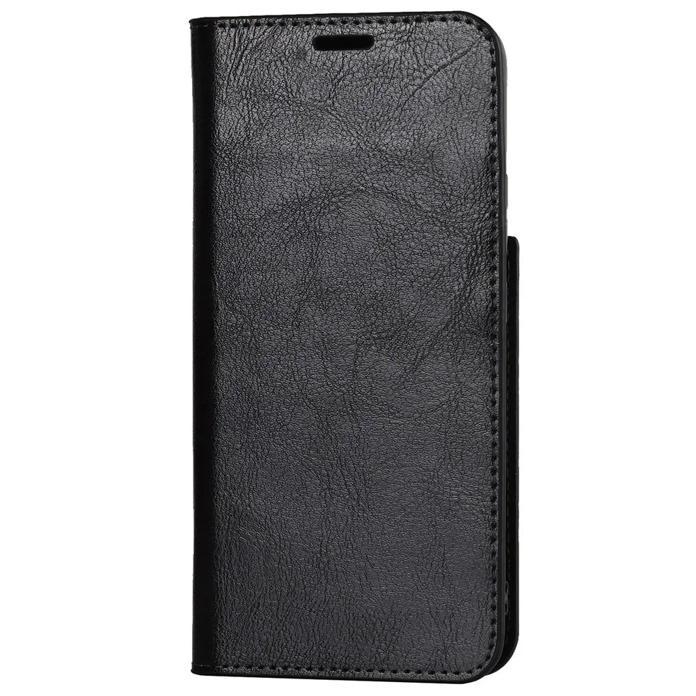 Drop Resistant Crazy Horse Texture Genuine Leather Magnetic Auto Closing Cover Stand Flip Wallet Case for Samsung Galaxy S22 5G - Black - 2