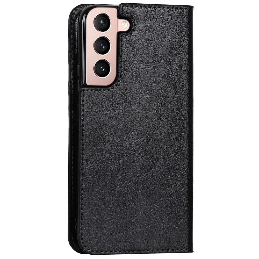 Drop Resistant Crazy Horse Texture Genuine Leather Magnetic Auto Closing Cover Stand Flip Wallet Case for Samsung Galaxy S22 5G - Black - 3