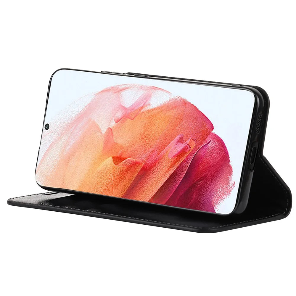 Drop Resistant Crazy Horse Texture Genuine Leather Magnetic Auto Closing Cover Stand Flip Wallet Case for Samsung Galaxy S22 5G - Black - 4