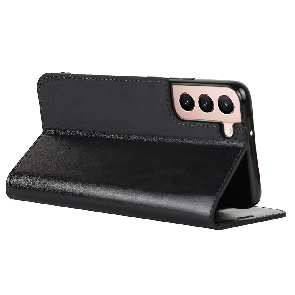 Drop Resistant Crazy Horse Texture Genuine Leather Magnetic Auto Closing Cover Stand Flip Wallet Case for Samsung Galaxy S22 5G - Black - 5