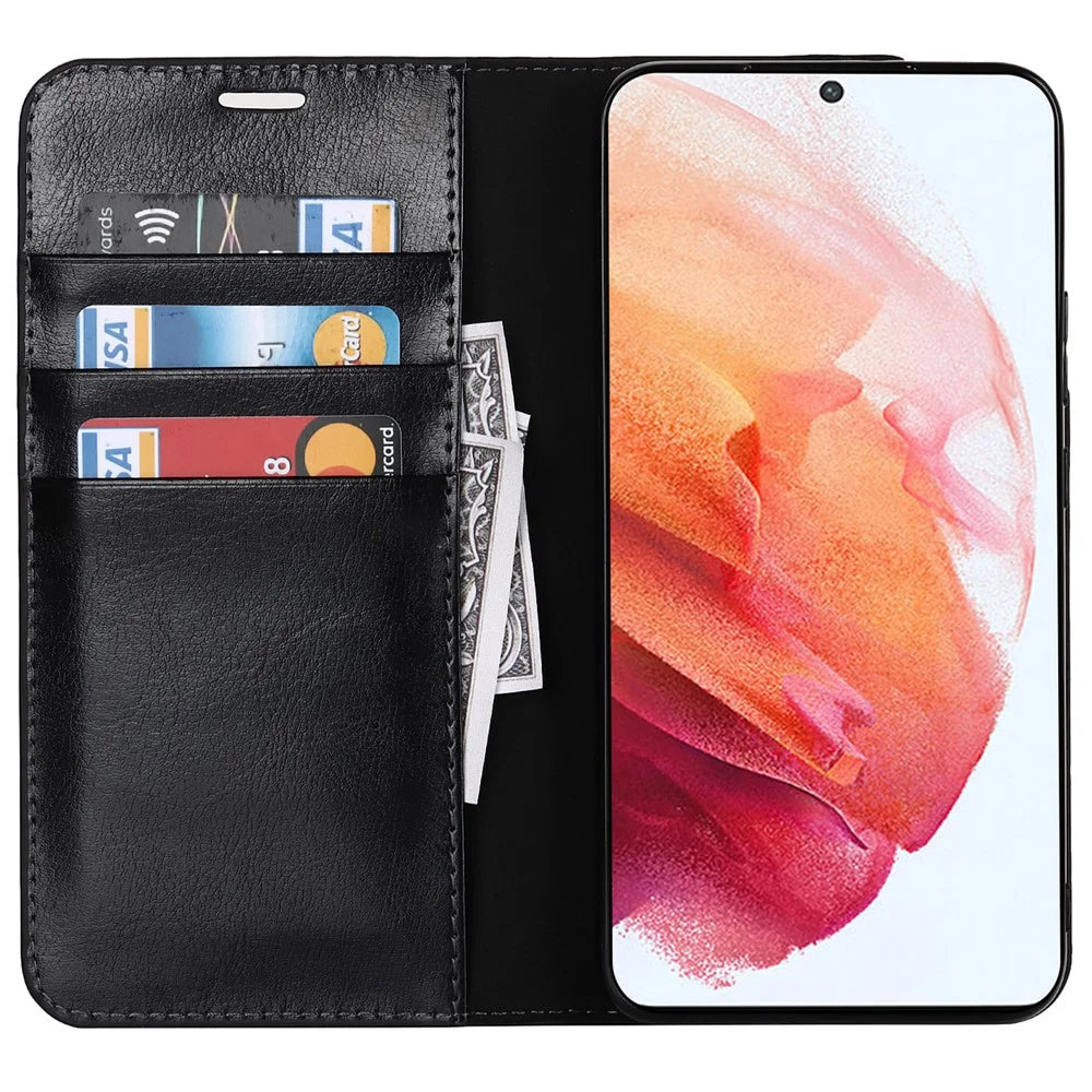 Drop Resistant Crazy Horse Texture Genuine Leather Magnetic Auto Closing Cover Stand Flip Wallet Case for Samsung Galaxy S22 5G - Black - 6