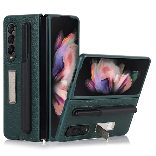 Palm Print Genuine Leather + PC Phone Case Kickstand Cover with Detachable Pen Slot for Samsung Galaxy Z Fold3 5G - Green - 1