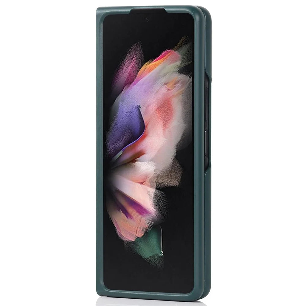 Palm Print Genuine Leather + PC Phone Case Kickstand Cover with Detachable Pen Slot for Samsung Galaxy Z Fold3 5G - Green - 2
