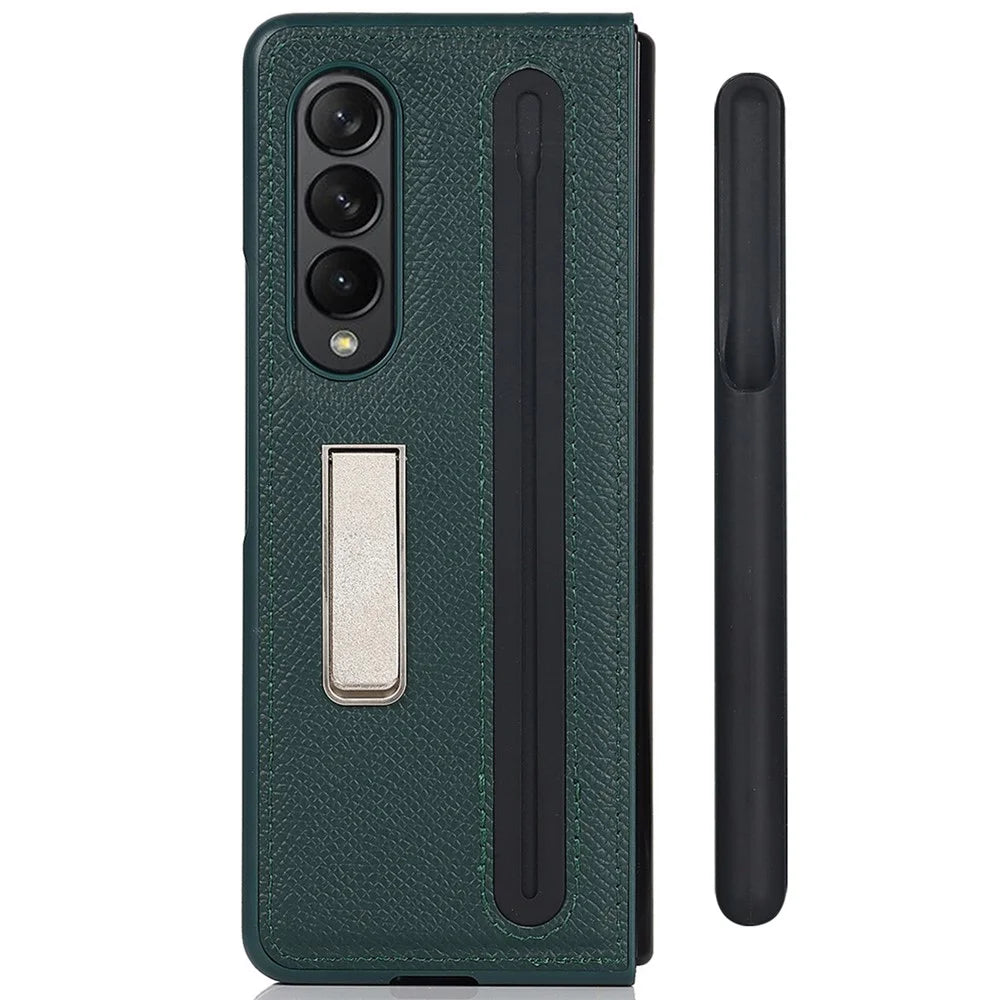 Palm Print Genuine Leather + PC Phone Case Kickstand Cover with Detachable Pen Slot for Samsung Galaxy Z Fold3 5G - Green - 3
