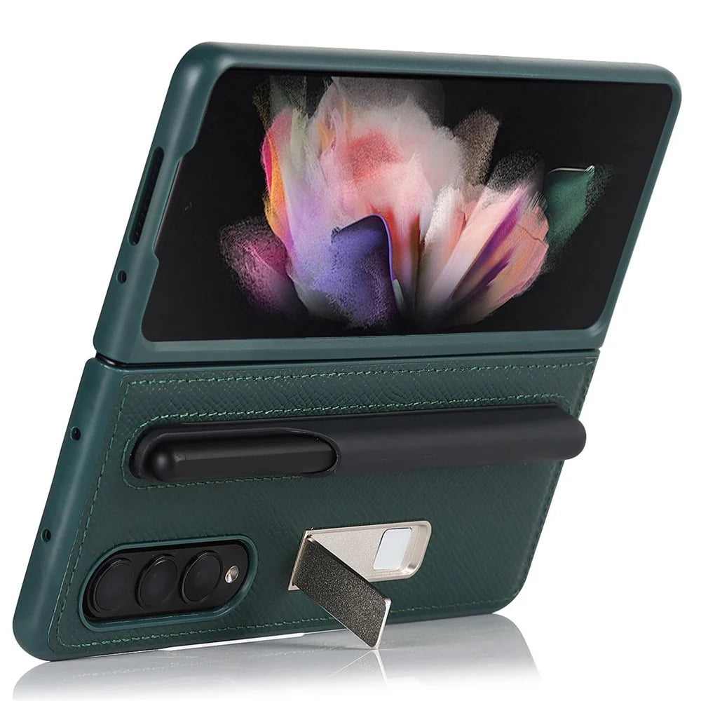 Palm Print Genuine Leather + PC Phone Case Kickstand Cover with Detachable Pen Slot for Samsung Galaxy Z Fold3 5G - Green - 4