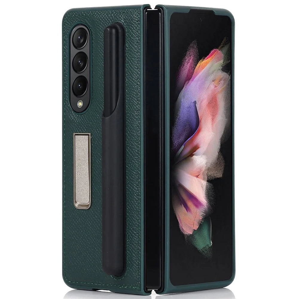 Palm Print Genuine Leather + PC Phone Case Kickstand Cover with Detachable Pen Slot for Samsung Galaxy Z Fold3 5G - Green - 5