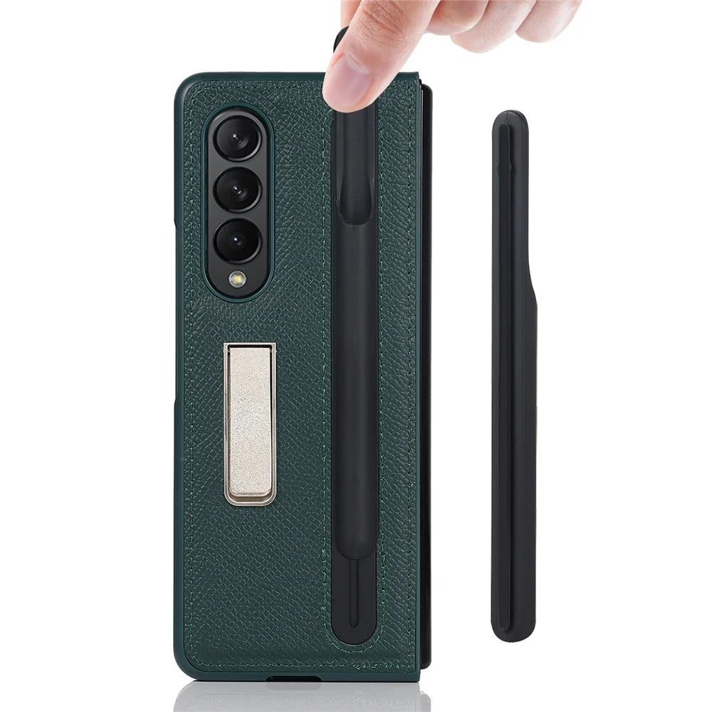 Palm Print Genuine Leather + PC Phone Case Kickstand Cover with Detachable Pen Slot for Samsung Galaxy Z Fold3 5G - Green - 6