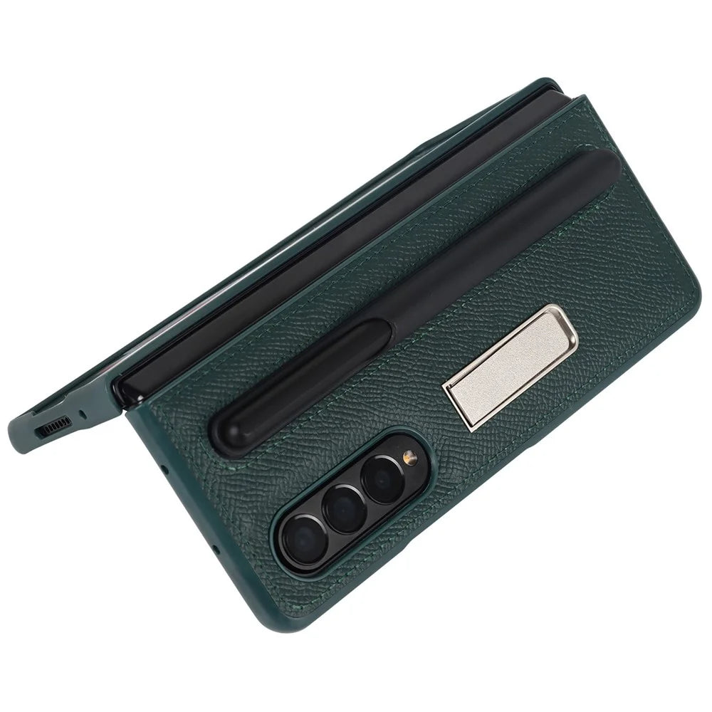 Palm Print Genuine Leather + PC Phone Case Kickstand Cover with Detachable Pen Slot for Samsung Galaxy Z Fold3 5G - Green - 7