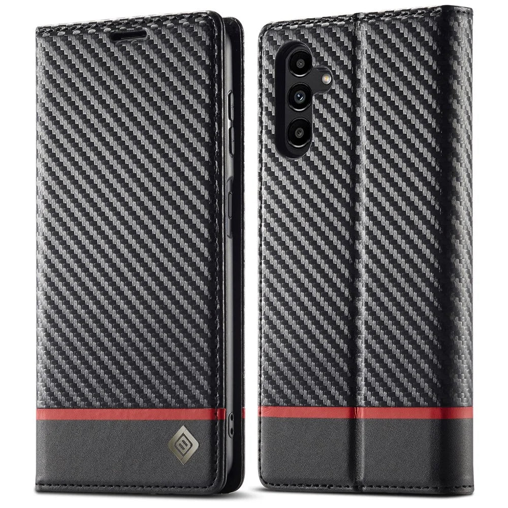 LC.IMEEKE Carbon Fiber Texture Wallet Stand Design PU Leather Phone Case Cover for Samsung Galaxy A13 5G / A04s 4G (164.7mm) - Horizontal Stripe - 1