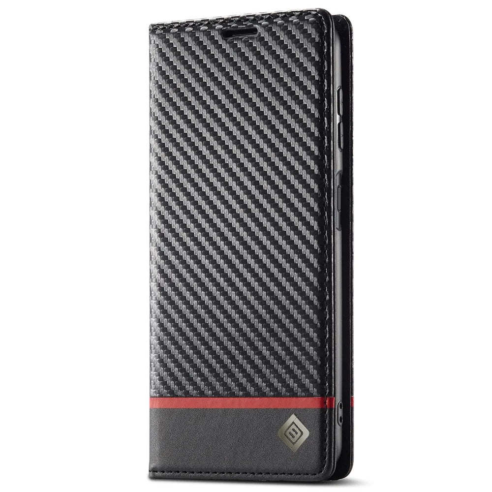 LC.IMEEKE Carbon Fiber Texture Wallet Stand Design PU Leather Phone Case Cover for Samsung Galaxy A13 5G / A04s 4G (164.7mm) - Horizontal Stripe - 2