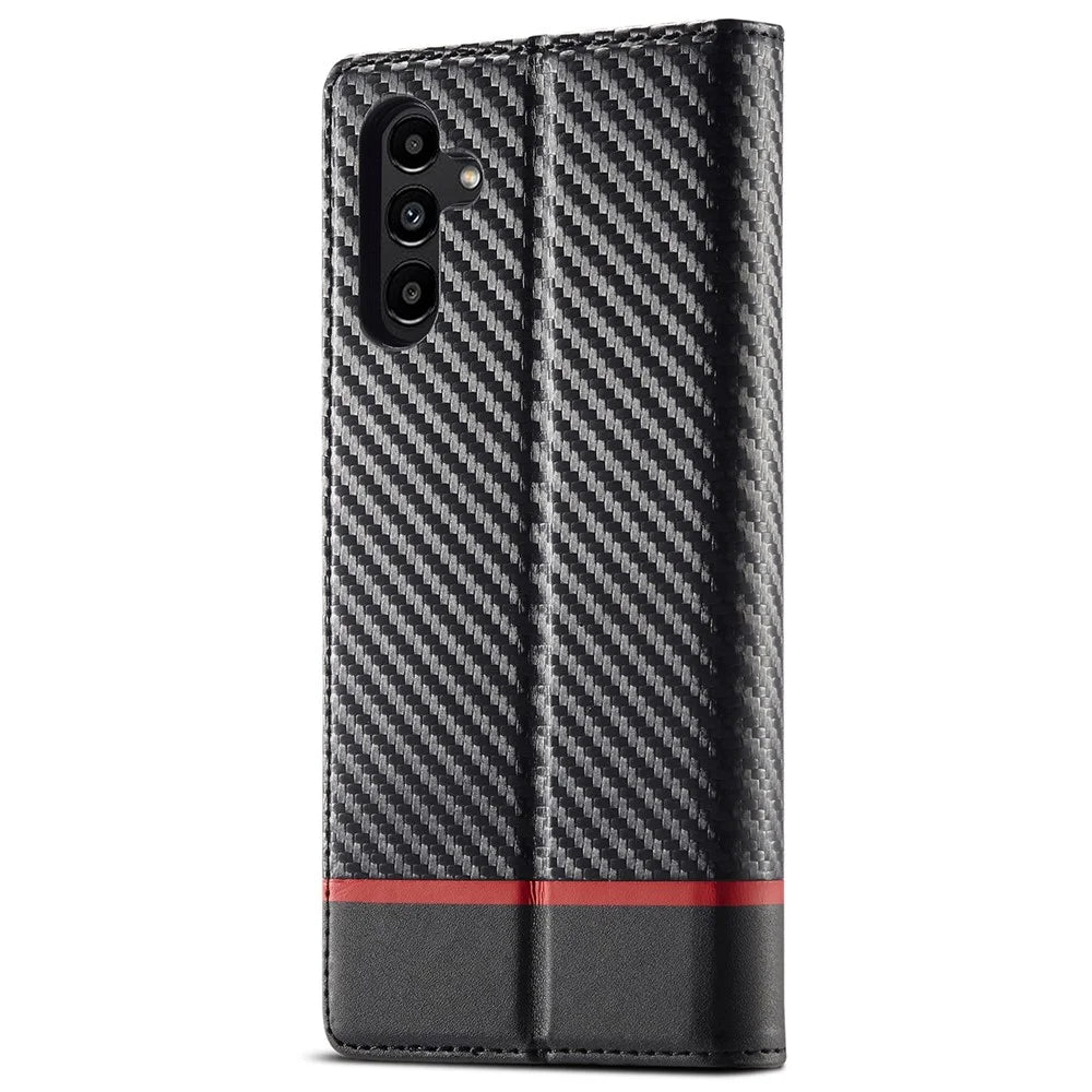 LC.IMEEKE Carbon Fiber Texture Wallet Stand Design PU Leather Phone Case Cover for Samsung Galaxy A13 5G / A04s 4G (164.7mm) - Horizontal Stripe - 3