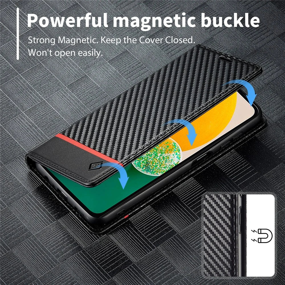 LC.IMEEKE Carbon Fiber Texture Wallet Stand Design PU Leather Phone Case Cover for Samsung Galaxy A13 5G / A04s 4G (164.7mm) - Horizontal Stripe - 6
